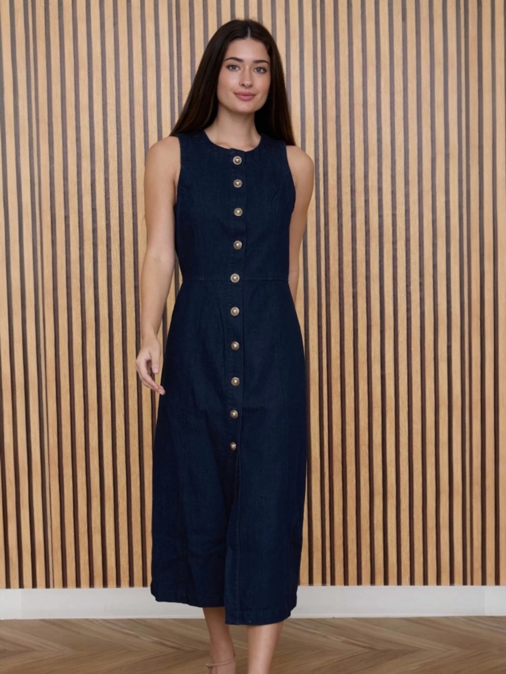 Denim Maxi Dress Sleeveless Button Down in Dark Denim Sm Med Lg - Boutique